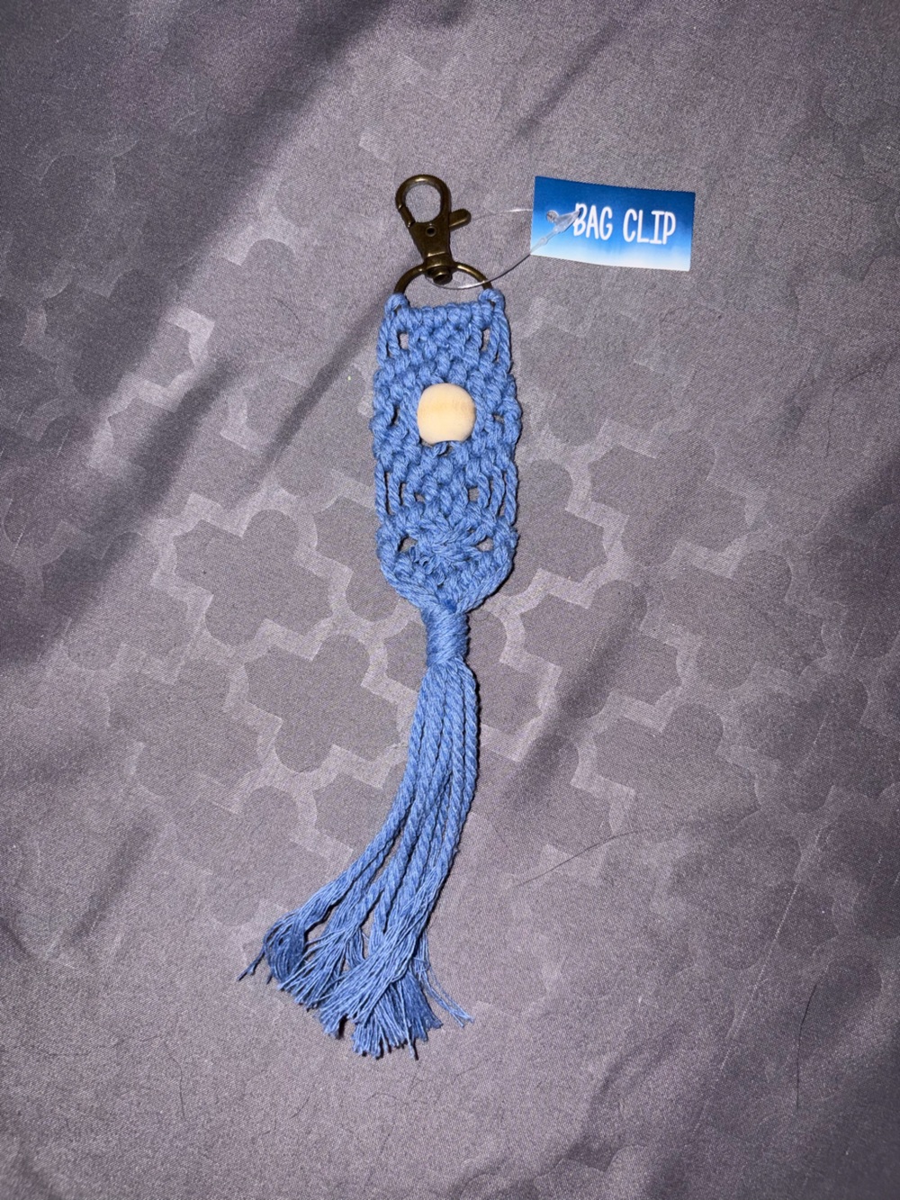 Handmade Blue Macramé Bag Charm with Wooden Bead